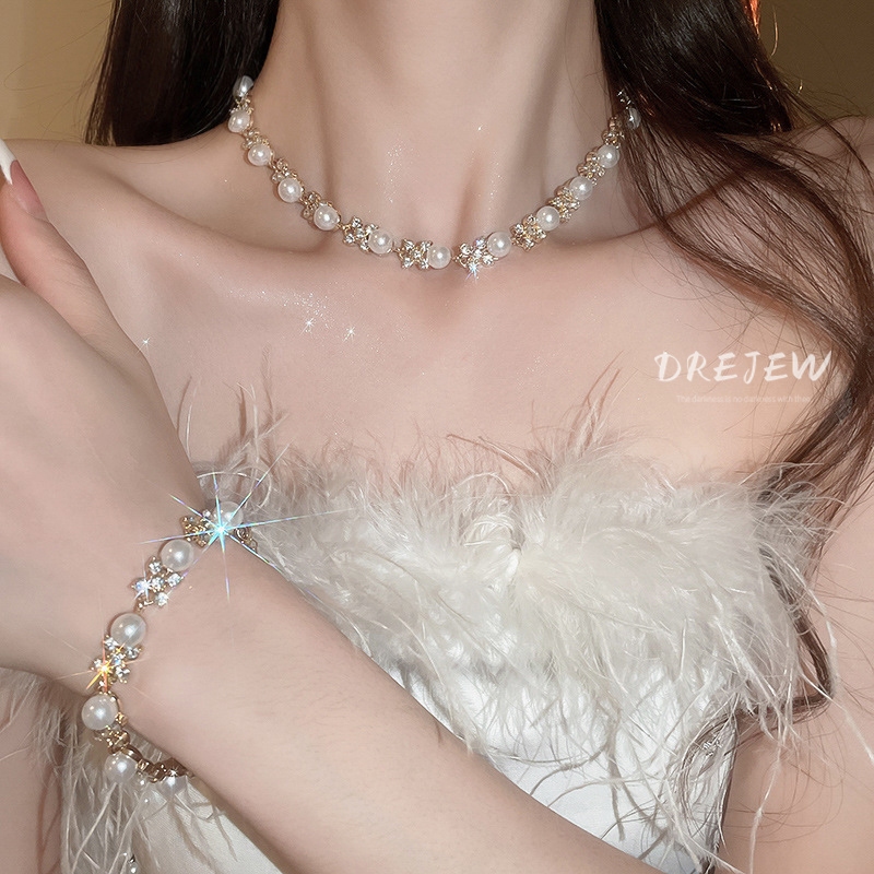 DREJEW เดรช เพชรดอกไม้รอบต่างหูมุกสร้อยข้อมือสร้อยคอชุด