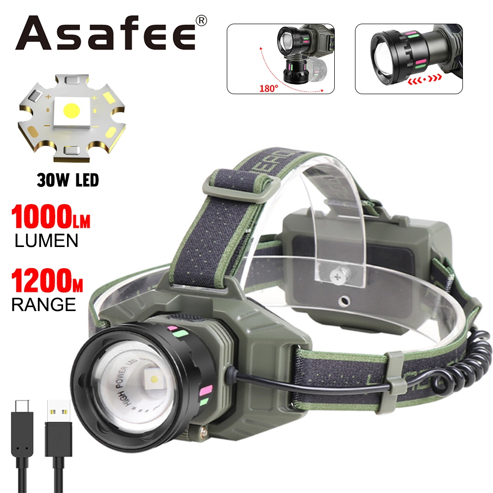 Asafee 3610 ไฟหน้ากล้องส่องทางไกลซูมไฟหน้า 30W LED Super Bright ไฟกลางแจ้งสําหรับตกปลาขี่จักรยาน