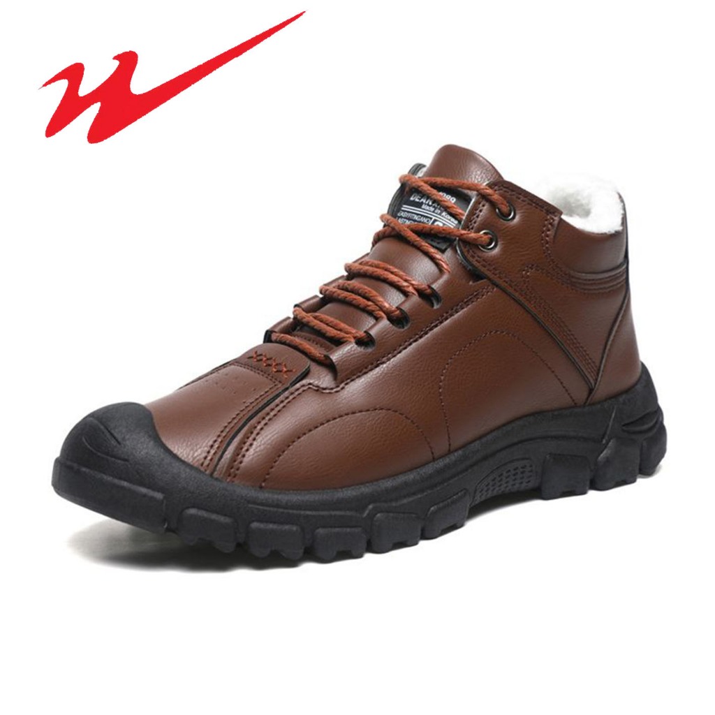 SHUANGXING หนาและกํามะหยี่ Warm Snow Boots Casual High-Top หนังรองเท้าเดินป่าผู้ชาย