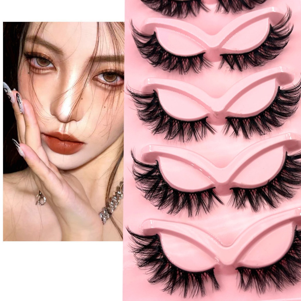 5 คู่ Messy Crisscross Eye End ยาวขนตาปลอม Fox สไตล์ Curl Soft Wispy Cat Eye Lashes