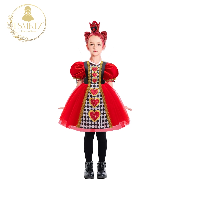 สาว Red Queen of Hearts เครื่องแต่งกายสาว Alice in Wonderland ชุดแฟนซีเด็ก Carnival ฮาโลวีนคอสเพลย์ชุด HTHH01