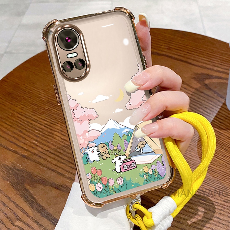 สําหรับ OPPO RENO 10 5G RENO 10 Pro 5G Electroplating สี่มุม anti drop เคสโทรศัพท์ความงามการ์ตูนภูมิทัศน์รูปแบบ TPU soft case พร้อมเชือกแขวน