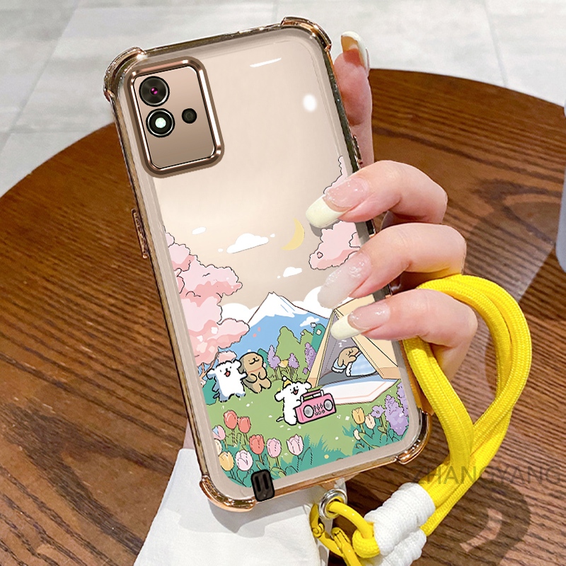 สําหรับrealme C11 2021 C20 C11 2020 Electroplatingสี่มุมAnti DROPเคสโทรศัพท์ความงามการ์ตูนภูมิทัศน์รูปแบบTPU soft Caseพร้อมเชือกแขวน