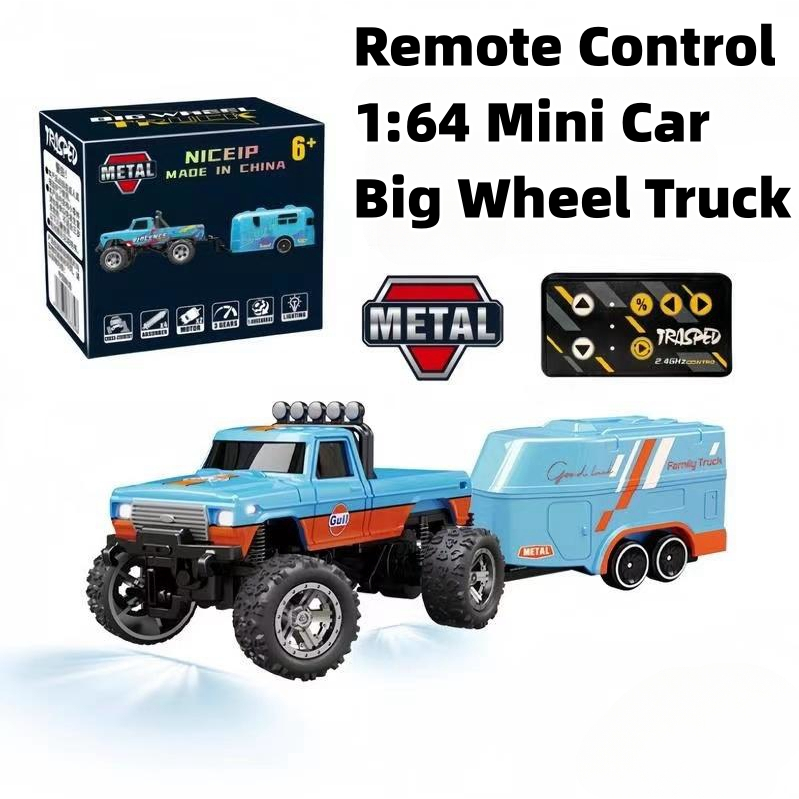 รถ RC ขนาดเล็ก,1:64 RCBig Wheel รถบรรทุกโลหะผสม Body, 24GHz รีโมทคอนโทรล 4x4 รถออฟโรดพร้อมไฟและไฟหน้า, ชาร์จ USB, เหมาะสําหรับทุกภูมิประเทศ, ของเล่นของขวัญสําหรับ