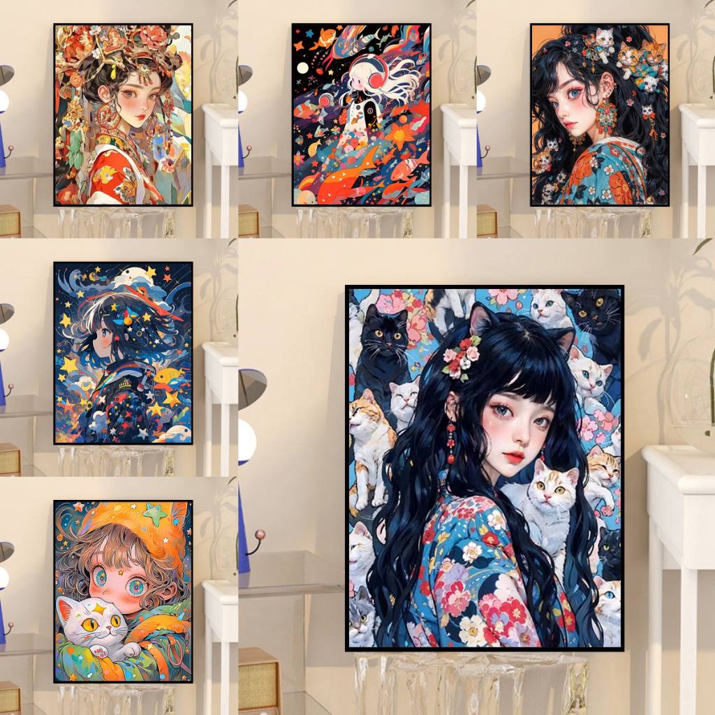 【ORFON】 30×40cm/40×50cm ภาพวาดโดยหมายเลข/ภาพวาดผ้าใบ/สาวที่มีสีสัน/แมว/ของขวัญวาดด้วยมือ/ห้องนั่งเล่นตกแต่งศิลปะ