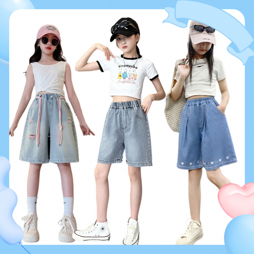 5-14 ปีเบอร์มิวดาสั้นสําหรับเด็กผู้หญิงสไตล์เกาหลีน่ารักออกแบบถุงเท้าหลวมกางเกงยีนส์สบาย ๆ สําหรับเด็ก