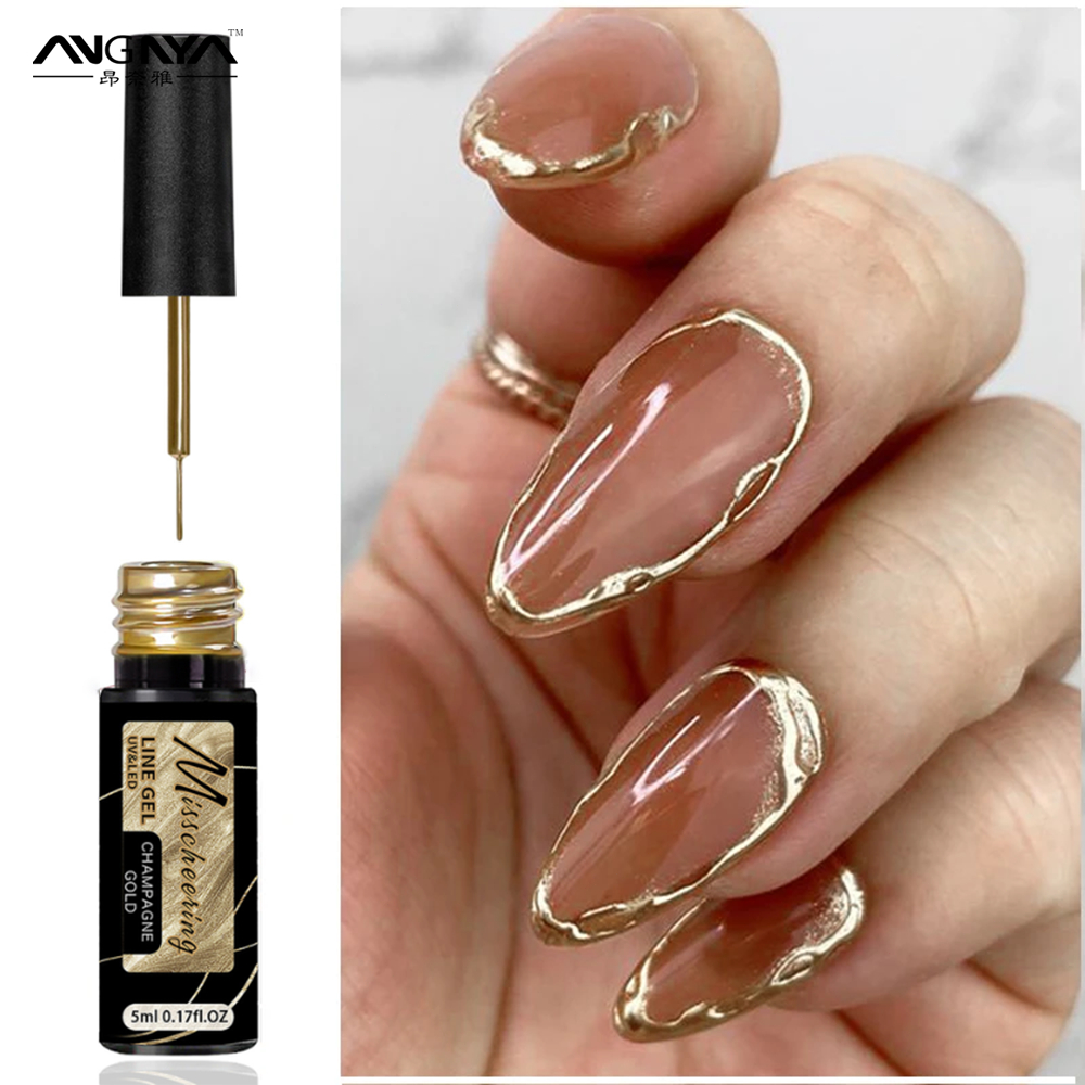 Angnya Gold Liner Gel Polish Metallic Painting Liner Gel แชมเปญ Gold Mirror Gel ยาทาเล็บเล็บ 5ML