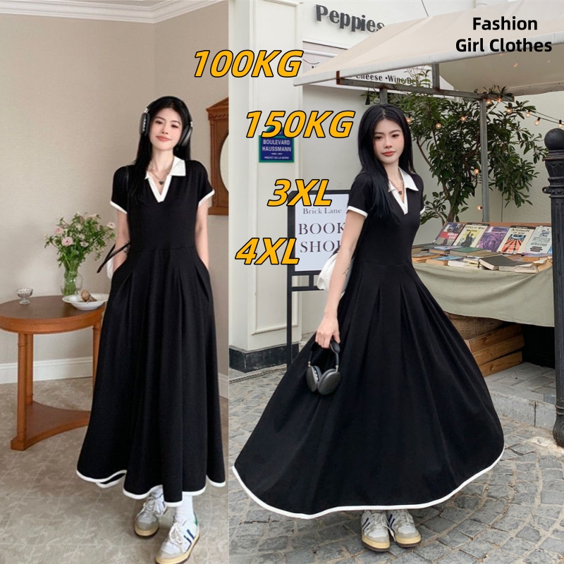 100กก.150กก.oversizeชุดผู้หญิงแขนสั้นชุดลําลองretro Slimmerดูชุดยาว