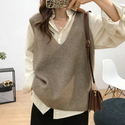 NZN ถักเสื้อกันหนาวผ้าขนสัตว์ชนิดหนึ่งเสื้อกั๊กผู้หญิงฤดูหนาวใหม่เสื้อยืดแขนกุดหลวมสําหรับเสื้อกันหนาวคอวีผู้หญิง
