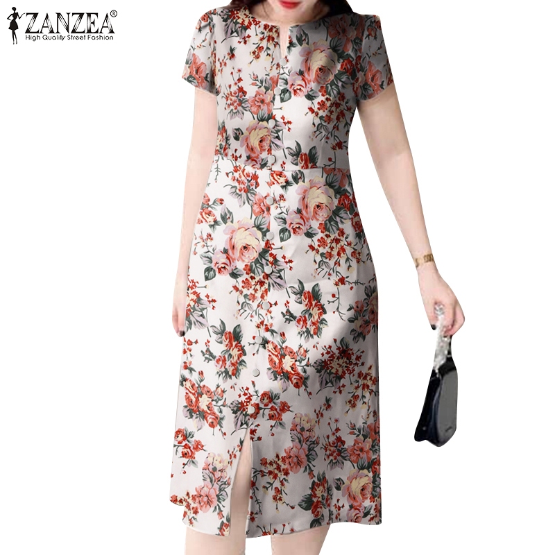 Zanzea ชุดเดรส คอกลม แขนสั้น ผ่าข้าง มีซิป พิมพ์ลาย สไตล์เกาหลี สําหรับผู้หญิง