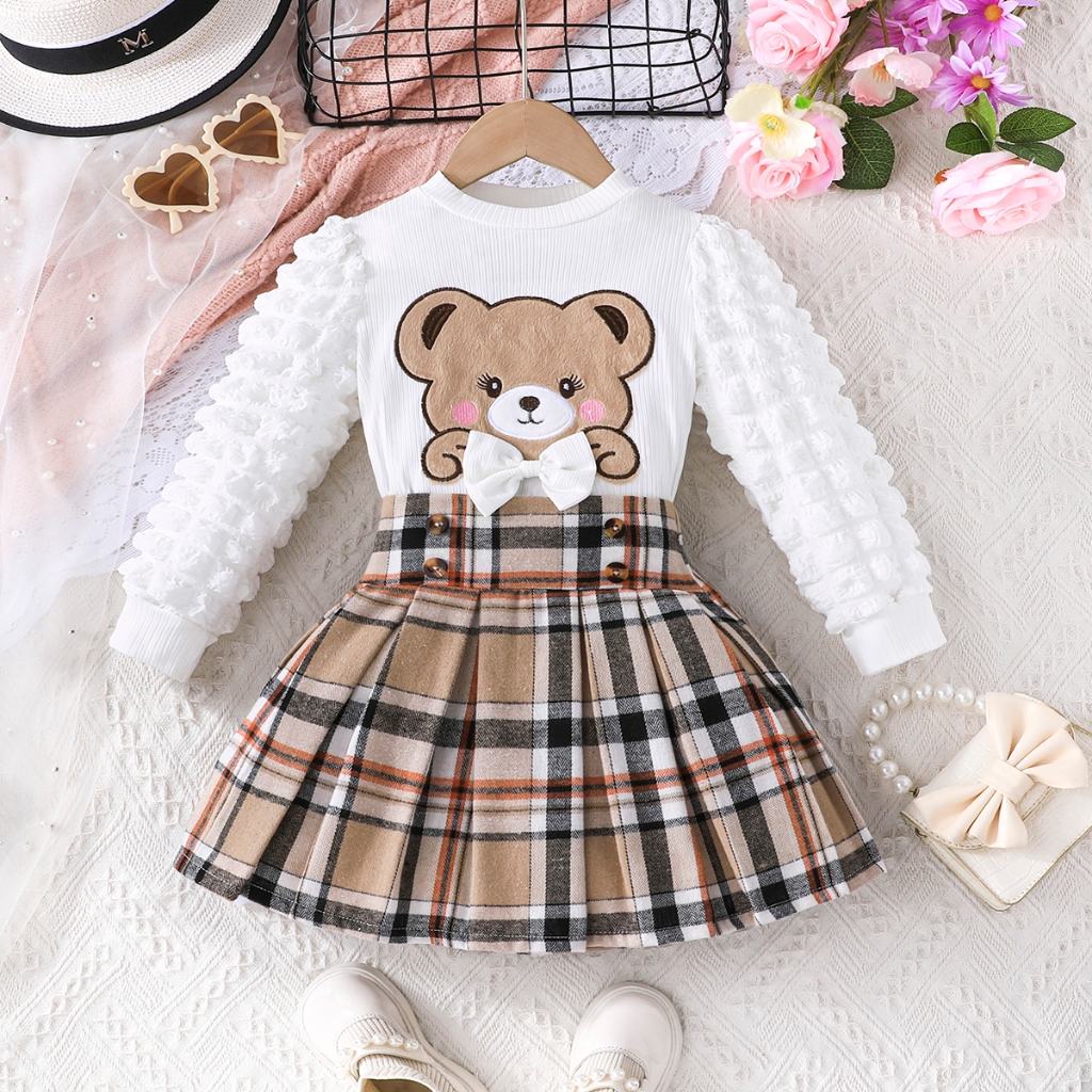 Terno สําหรับเด็กสาว 4-8 ปีแขนยาวน่ารักหมีโบว์เสื้อและกระโปรงจีบยืดหยุ่นชุดเด็กวัยหัดเดินเสื้อผ้าชุดแฟชั่นเด็กสวมใส่ Oodd สําหรับเด็กทารก