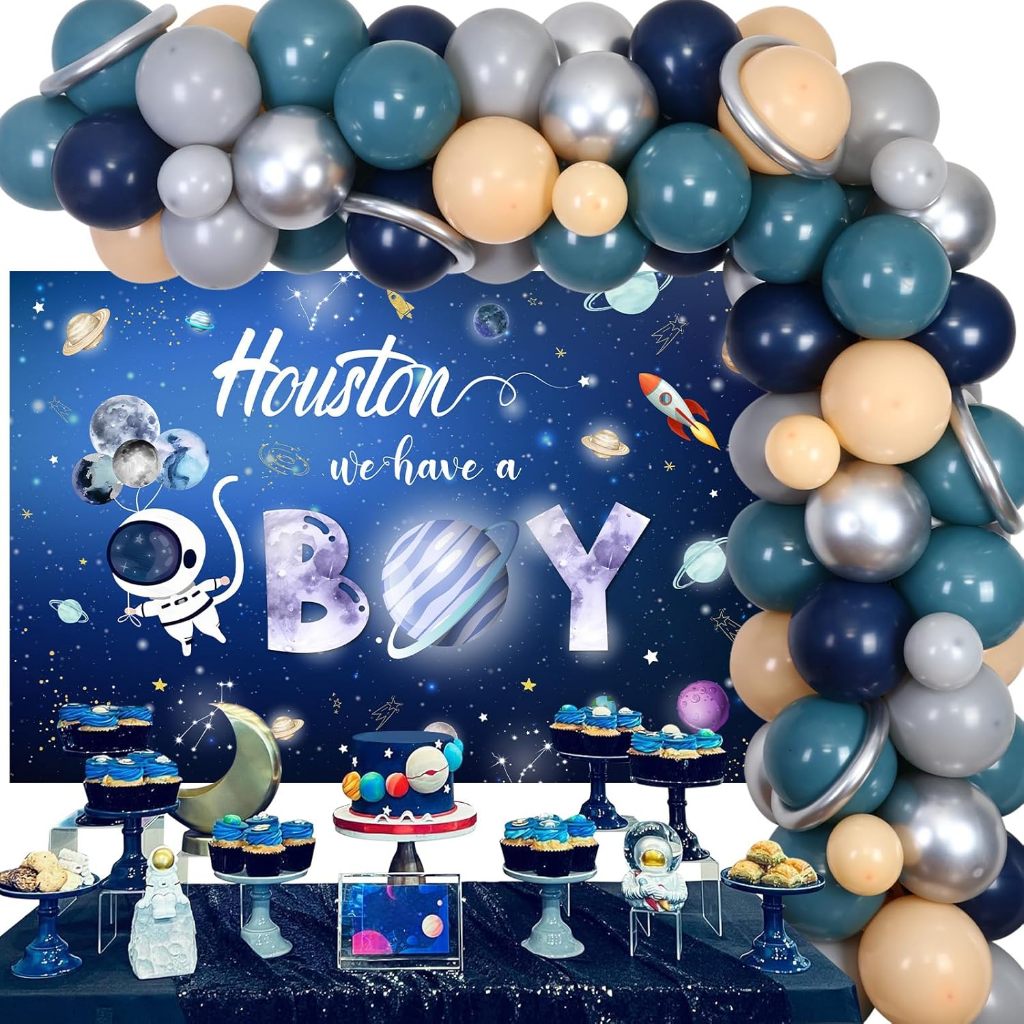 Sursurprise พื้นที่ด้านนอก Baby Shower ตกแต่ง Houston เรามีเด็กชายฉากหลัง Rocket นักบินอวกาศบอลลูน G