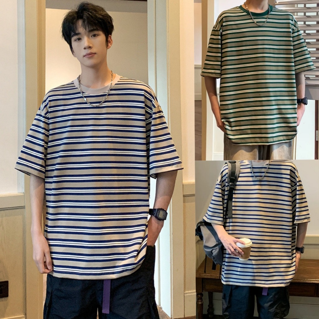 ⚡ProMan ⚡เสื้อยืดเส้นรอย แผงผ้าสแตม์ผสม สไตล์คอโกลบอล สะอาด เหมาะสำหรับผู้ชายและผู้หญิง ความấmอ่อนและ breathable