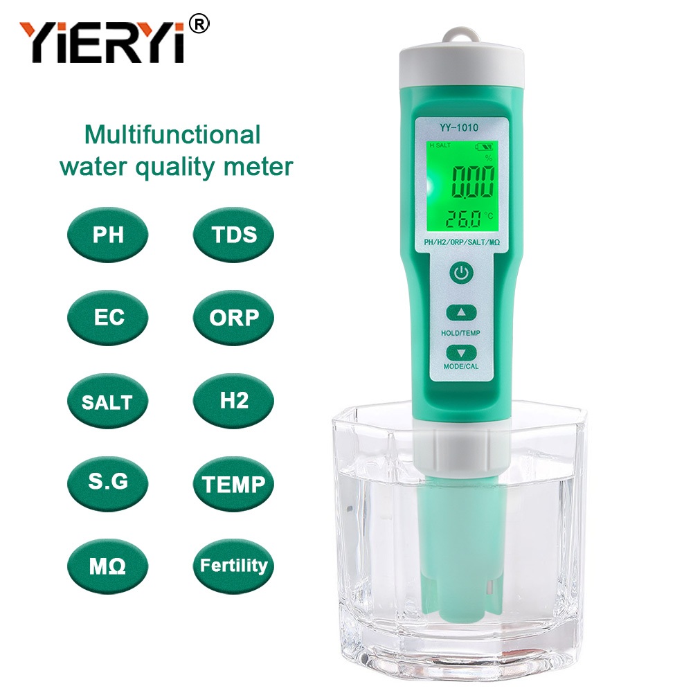 Yieryi 10-in-1 PH Meter/TDS/EC/ความเค็ม/ORP/Hydrogen Rich H2/SG/อุณหภูมิ/สารละลายโภชนาการการเจริญพันธุ์/ความต้านทานไฟฟ้า IP67 ปากกาคุณภาพน้ํากันน้ํา - Backlight