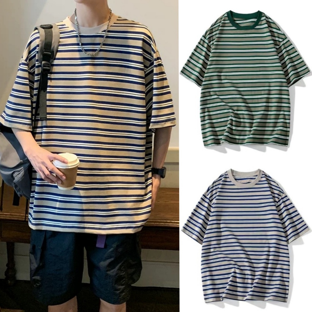 💥BECoolMan💥เสื้อยืดสไตล์สแตม์ผ้าสีผสม เส้นรอยสวยงาม คอโกลบอล ความấmอ่อนและ breathable สำหรับผู้ชายและผู้หญิง