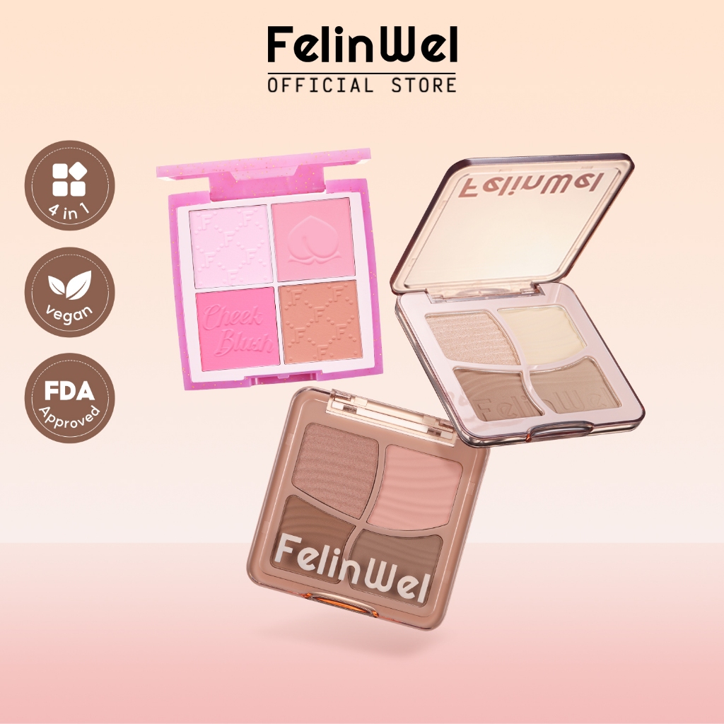 Felinwel - ชุดแต่งหน้าบํารุงผิวหน้า, Contour & Highlighter & Blush Palette 4 สี