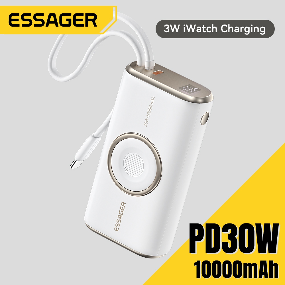 Essager 10000mAh 30W Type-C Power Bank มาพร้อมสาย Type-C Ap นาฬิกาไร้สายชาร์จ 3W เอาต์พุต