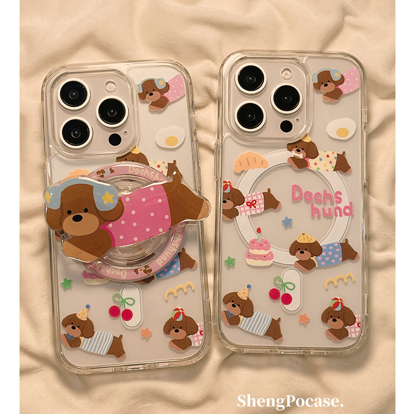 Huiwanju การ์ตูนน่ารักลูกสุนัขพร้อมขายึดเหมาะสําหรับเคสโทรศัพท์มือถือ iPhone15promax แม่เหล็กดูด Apple 14 ใหม่ 16ProMax โปร่งใส 12 ผู้หญิง 14pro ซิลิโคน 13Pro