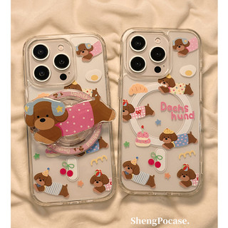 Huiwanju การ์ตูนน่ารักลูกสุนัขพร้อมขายึดเหมาะสําหรับเคสโทรศัพท์มือถือ iPhone15promax แม่เหล็กดูด Apple 14 ใหม่ 16ProMax โปร่งใส 12 ผู้หญิง 14pro ซิลิโคน 13Pro