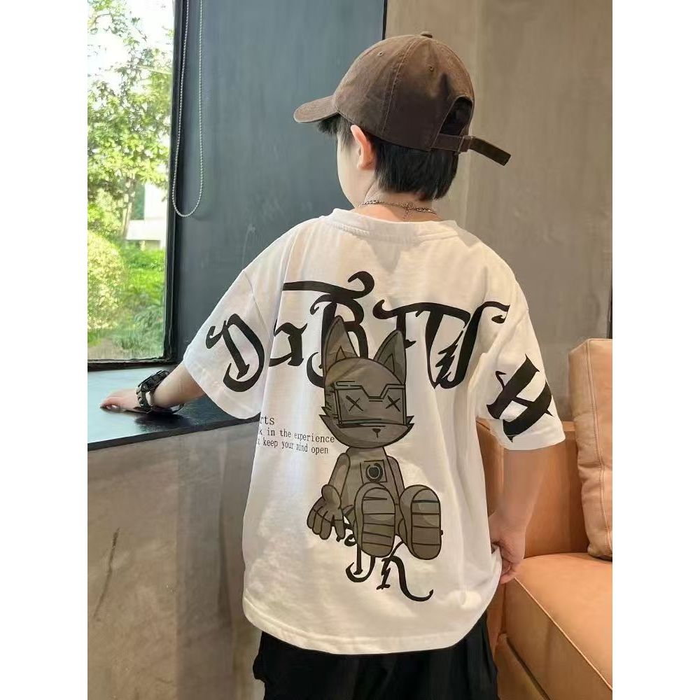 เสื้อยืดแขนสั้นการ์ตูนครึ่งแขนเด็กชายฤดูร้อนใหญ่