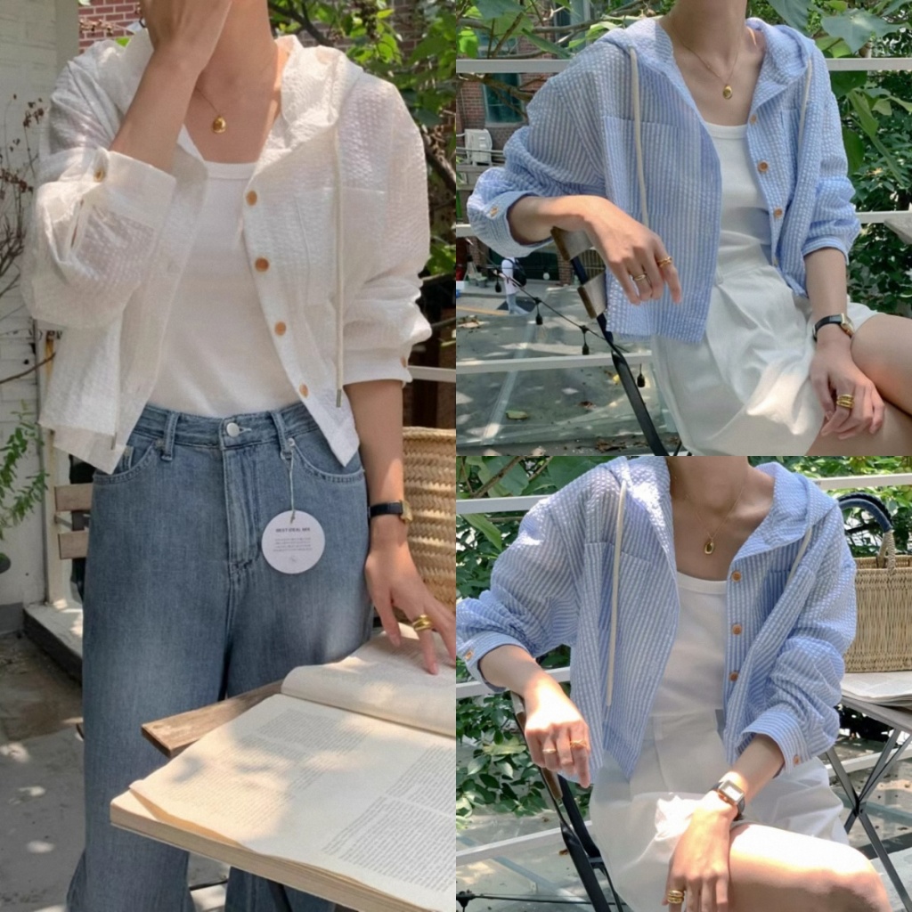 Bella Shop 🌻 เสื้อแขนยาวลายสก็อตแถวกระดุมสำหรับผู้หญิงในช่วงฤดูร้อนแบบใหม่ มีฮู้ดหลวมๆ ระบายอากาศได้ดี