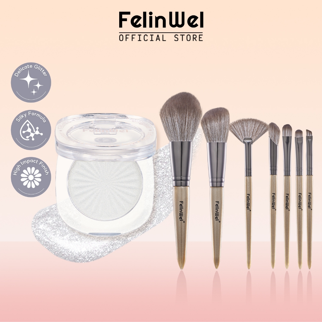 Felinwel - ชุดเรืองแสงหน้า, พาเลทไฮไลท์เพชรเงา + ชุดแปรงแต่งหน้า 7 ชิ้น, มังสวิรัติและเป็นมิตรกับผิวหนัง