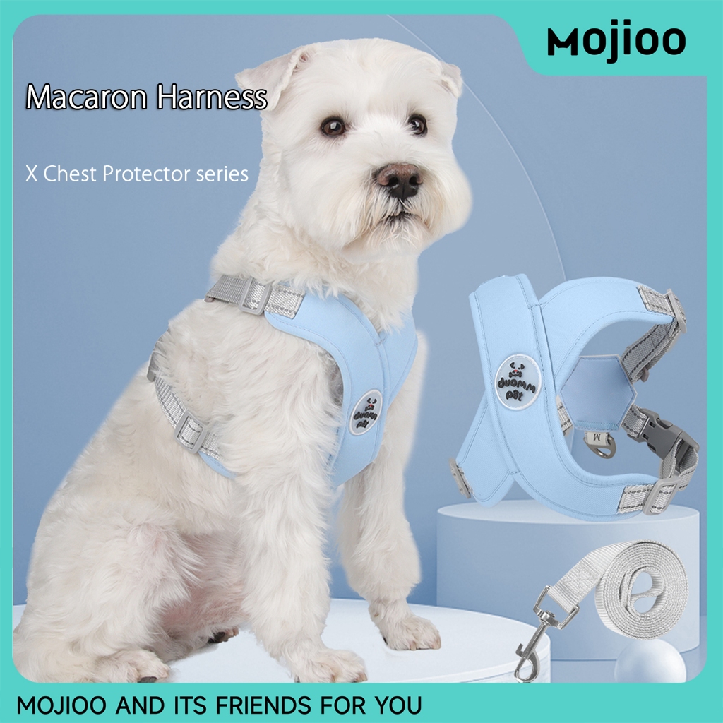 Mojioo สายรัดและสายจูงสําหรับสุนัขขนาดเล็กและขนาดกลาง สายรัดแมว รูปตัว X แบบปรับได้แบบนุ่ม สายรัดสําหรับสายรัดสีมาการองขนาดเล็ก สวมใส่สบาย เชือกลากเสื้อกั๊กแมว