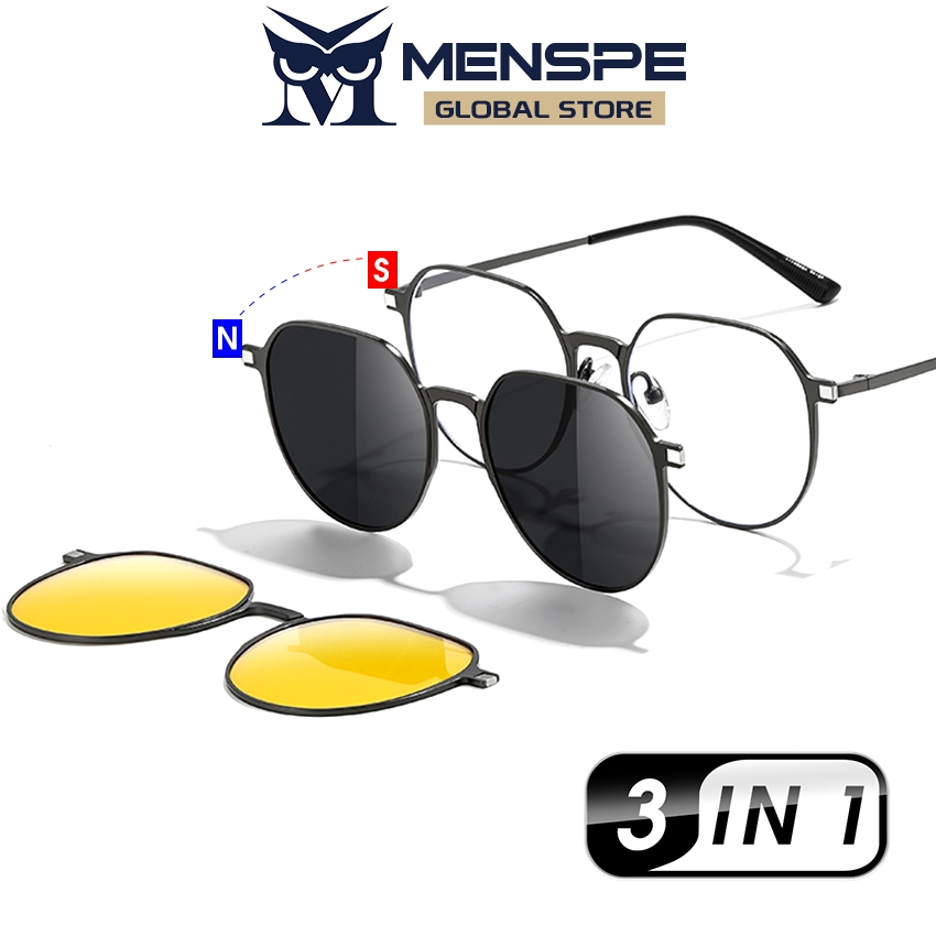 Menspe ผู้ชายโพลาไรซ์ 3 ใน 1 แว่นตากันแดดแม่เหล็กแว่นตากันแดด Night Vision กรอบแว่นตา 3 เลนส์ Unisex Anti-UV แว่นตาอัลตราไวโอเลตแฟชั่นแว่นตา