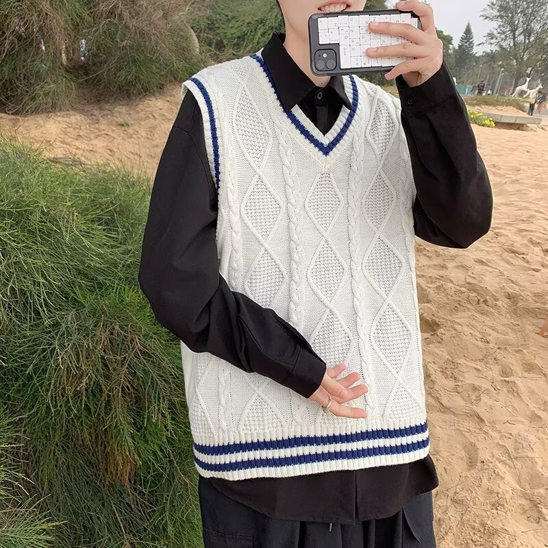 Knitted vest vest contrast color loose trend personality casual sleeveless jacket winter