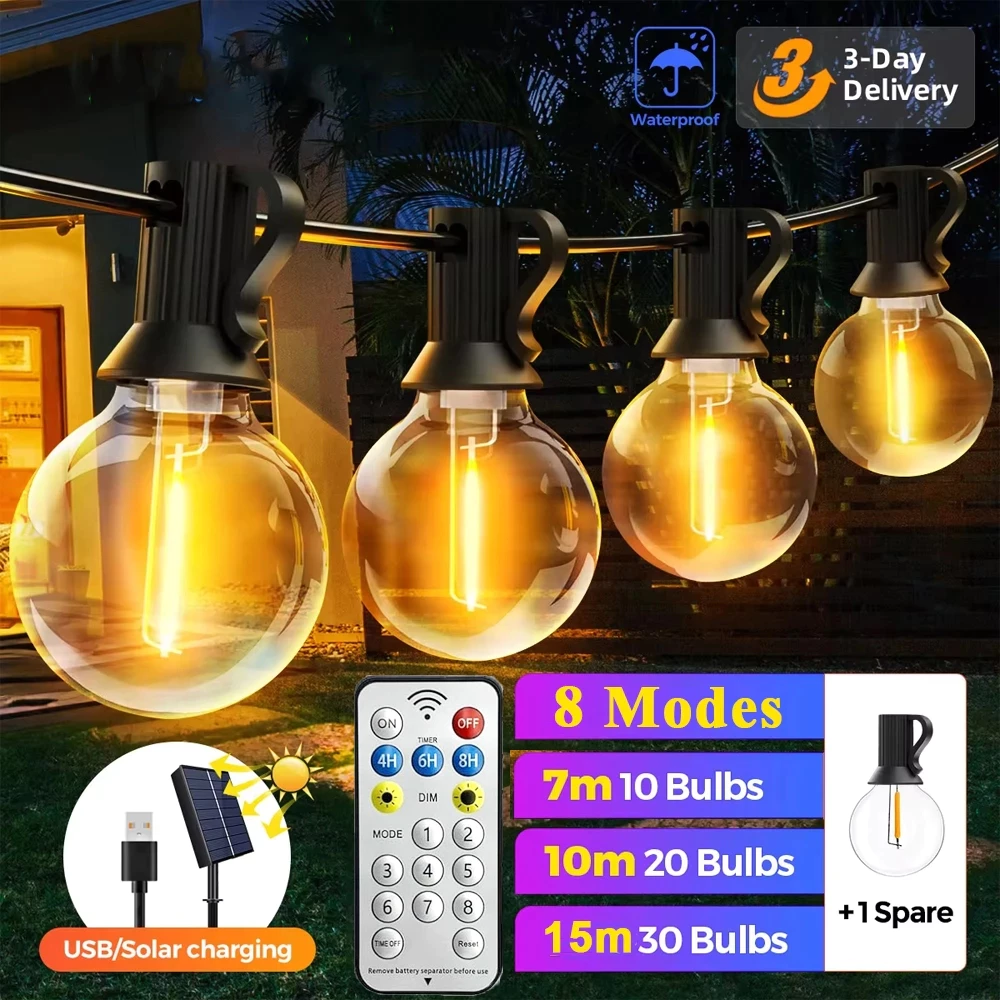 Powdeom G40 LED พลังงานแสงอาทิตย์ String ไฟกันน้ํากลางแจ้ง Patio Globe String ไฟ Bistro Yard Party สวนตกแต่งคริสต์มาส fairy ไฟ 7 M/10 M/15 M
