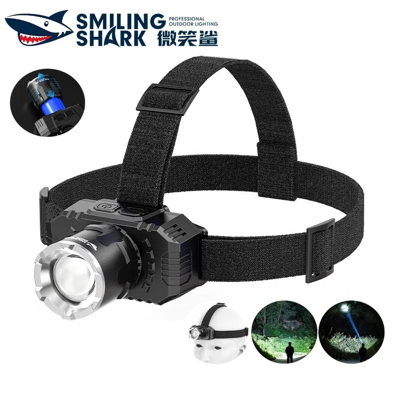 SmilingShark TD0181 ไฟฉายคาดหัว LED ซุปเปอร์ไบรท์ P50 4500lm ซูมได้ ไฟหน้า 5โหมด Type-C ชาร์จใหม่ได้ กันน้ำสำหรับตั้งแคมป์เดินป่ากลางแจ้งวิ่ง