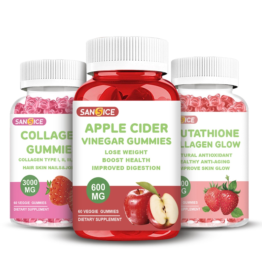 SANSICE น้ําส้มสายชูหมักของ Apple, Glutathione Collagen Glow, Collagen Gummies, 60gummies