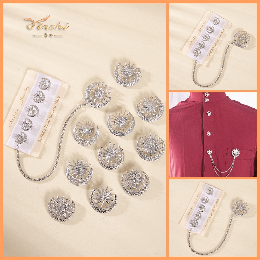 ชุดเข็มกลัดกระดุมเสื้อผ้าผู้ชายแฟชั่นใหม่ Butang Baju Melayu Butang Baju Melayu Bertai Exclusive Keris Bulan Bintang Viral Rantai 1Set (5PC+1Brooch) Butang Baju Melayu