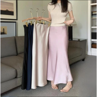 S-6XL กระโปรงเอวสูง กระโปรงยาว ผ้าซาติน ทรงหางปลา แฟชั่นสําหรับผู้หญิง