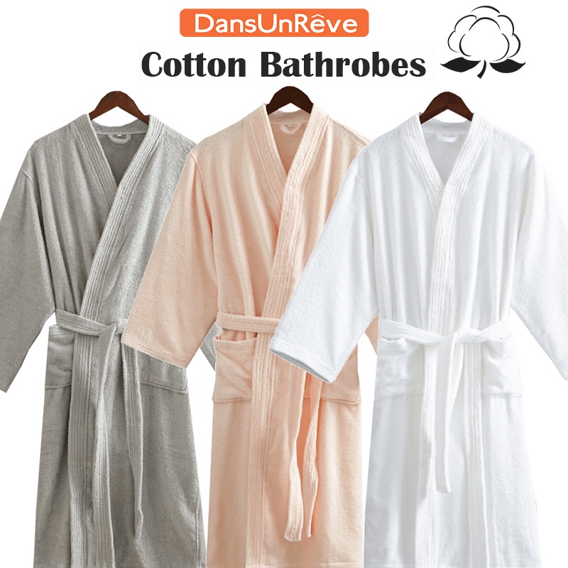 คอตตอน100% 5 ดาว โรงแรม ชุดคลุมอาบน้ำ cotton bathrobe microfiber สีทึบ ขาว แขนยาว หลวม Shower Robe