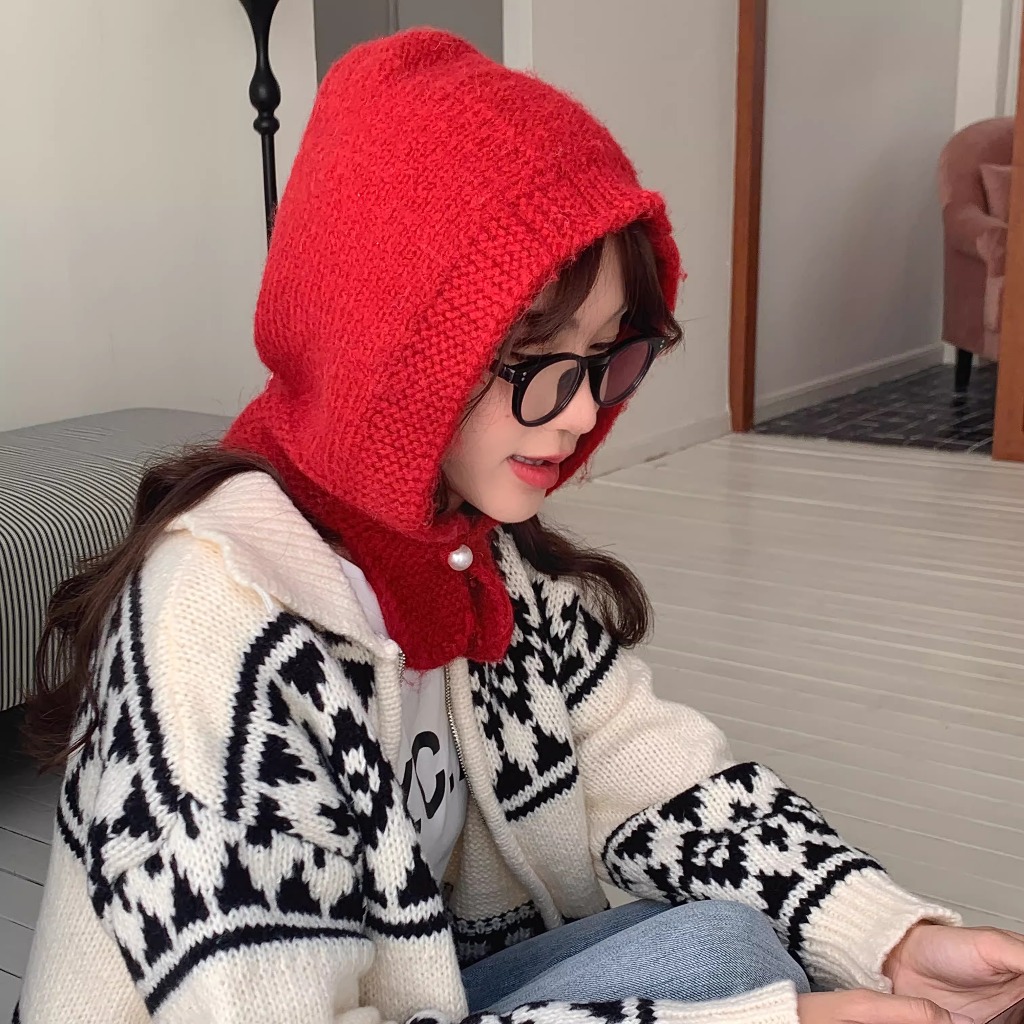 สีแดง บาลาช ลาฟา หมวกผู้หญิงฤดูใบไม้ร่วงฤดูหนาวที่อบอุ่นหนาถักหมวกเอี๊ยมแบบบูรณาการป้องกันหูหมวกขนสัตว์ผ้าคลุมไหล่