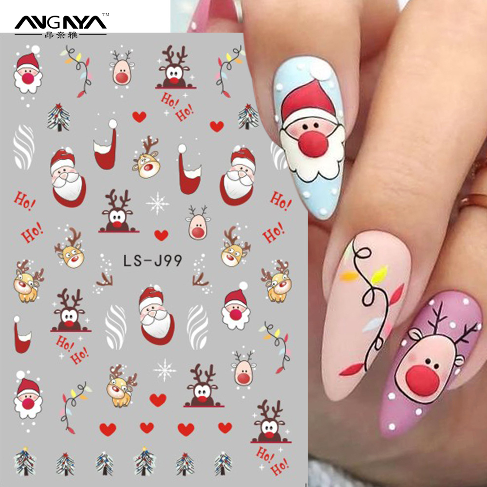 Angnya คริสต์มาสเล็บสติกเกอร์ 3D สีแดง Santa Snowflake Elk Penguin Holly ฤดูหนาว Decal Slider ปีใหม่ DIY ตกแต่งเล็บเคล็ดลับ