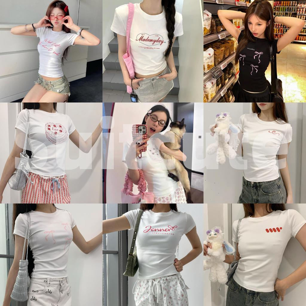 Suitcute  A009-0026 เสื้อยืดคอกลมผู้หญิงพิมพ์ลายโบว์พิมพ์ลายผ้า
