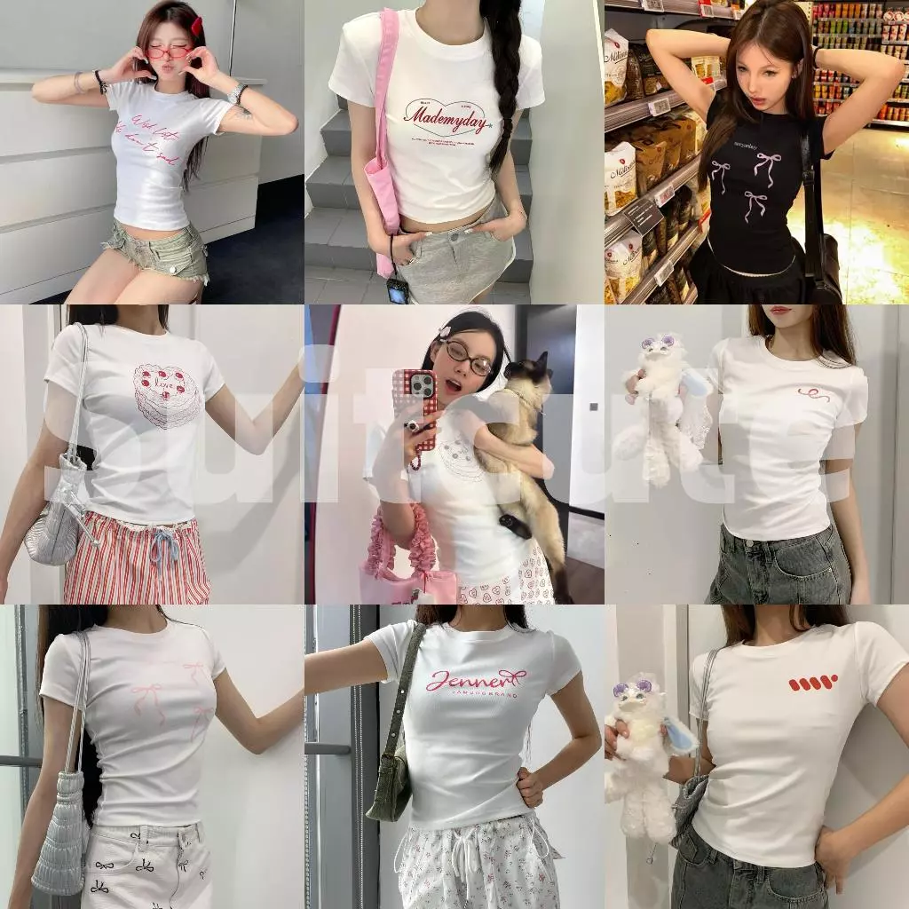 Suitcute A009-0026 เสื้อยืดคอกลมผู้หญิงพิมพ์ลายโบว์พิมพ์ลายผ้า