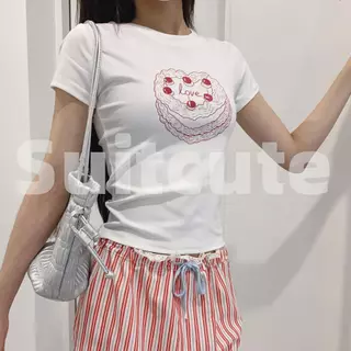 Suitcute A009-0026 เสื้อยืดคอกลมผู้หญิงพิมพ์ลายโบว์พิมพ์ลายผ้า
