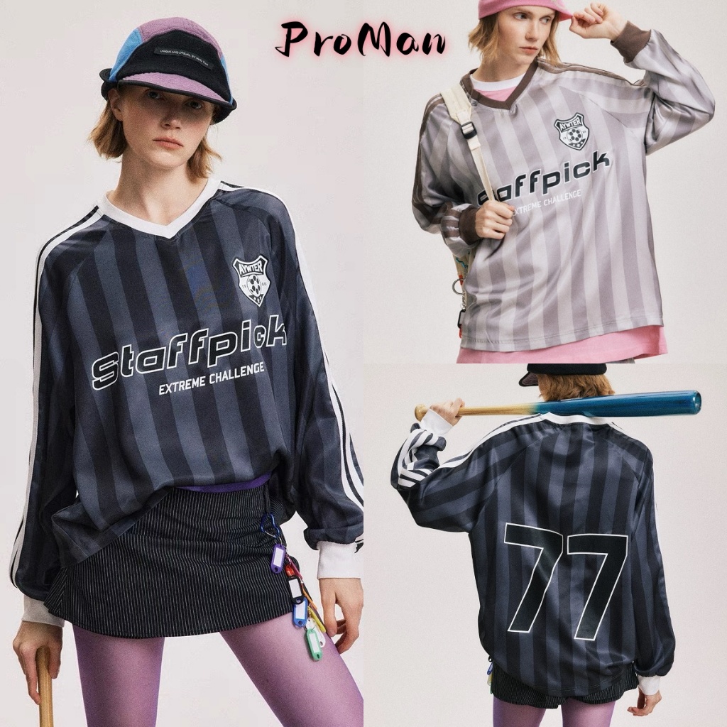 ProMan อเมริกันย้อนยุคลายคอวีแขนยาวจดหมายพิมพ์เสื้อลําลองผู้ชายผู้หญิงสไตล์เดียวกันเสื้อสเวตเตอร์หลวม
