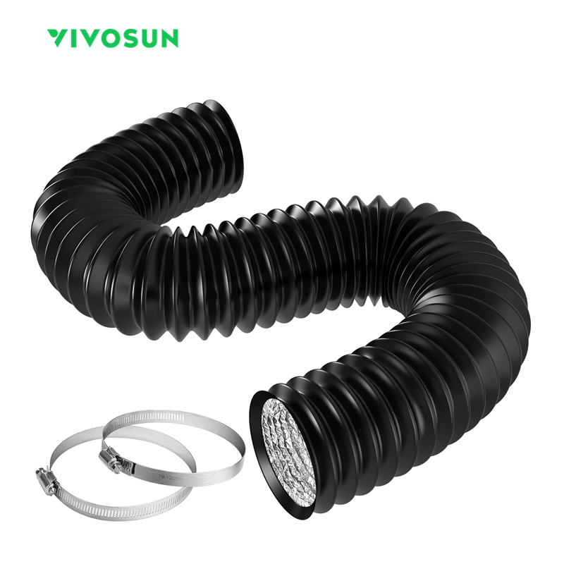 VIVOSUN 4-8 นิ้วสีดํา Non-ฉนวน Flex Air อลูมิเนียมท่อเครื่องเป่า Vent ท่อสําหรับ HVAC ระบายอากาศ w/สองที่หนีบสแตนเลส