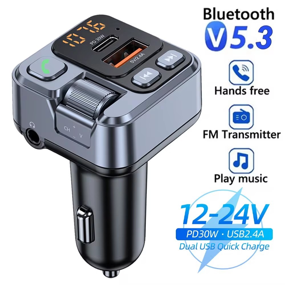 30w Car Charger Fast Charging Adapter FM บลูทูธเครื่องส่งสัญญาณแฮนด์ฟรีพร้อมแรงดันไฟฟ้า Monitor MP3 