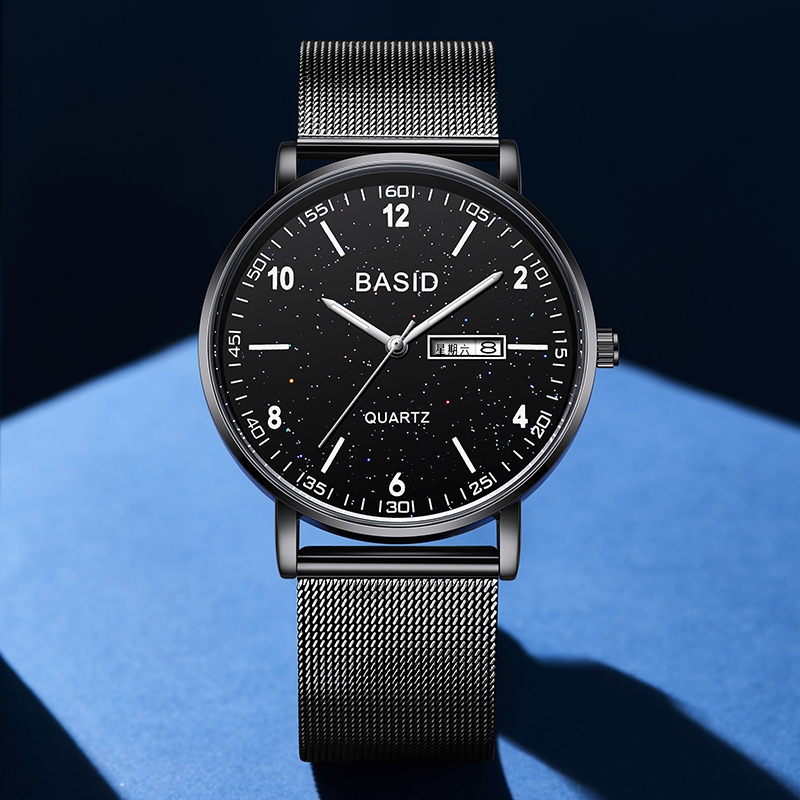 Basid B069-79/in stock Simple Advanced ว่ายน้ํานาฬิกาแฟชั่นตาข่ายเข็มขัดหรูหรา Casual นาฬิกากันน้ําของขวัญ