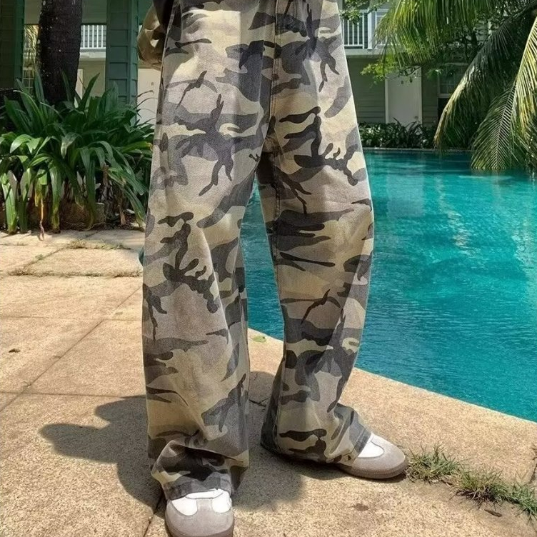 American High Street cleanfit Retro สีเหลืองสีเขียว Camouflage กางเกงยีนส์ผู้ชายหลวมตรง All-Match Overalls กางเกงลําลองผู้ชาย m-3xl