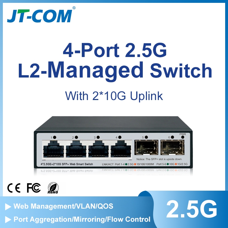 JT-COM mini 2.5GbE Smart Managed Switch 4x 2500M Ports + 2 10G SFP+ Network 10G SFP+Slot Web Managed