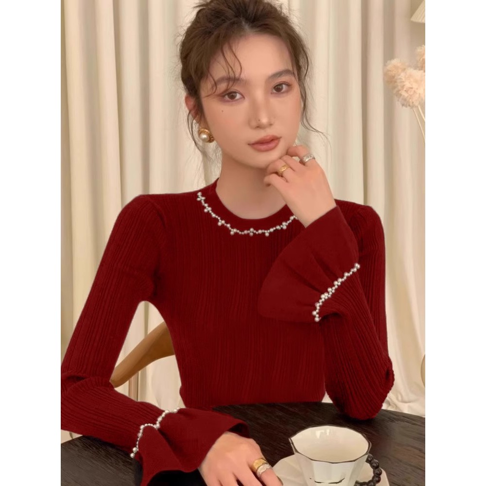 love flower เกาหลีสบายๆสีแดงถักฐานเสื้อกันหนาวเสื้อกันหนาวผู้หญิงแขนบานด้านบน