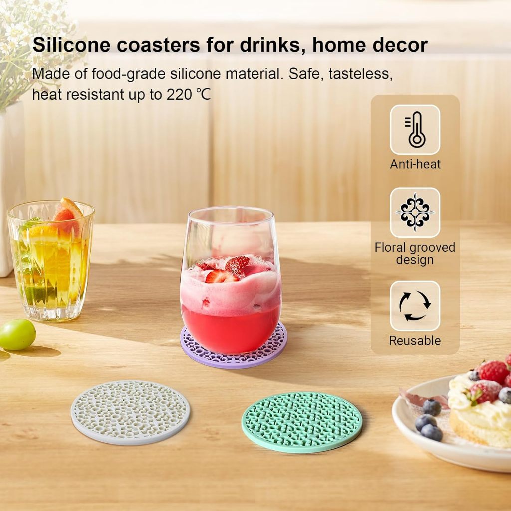 ที่รองแก้วซิลิโคนสําหรับดื่ม, ชุดเสื่อถ้วยสําหรับเครื่องดื่มร้อนและเย็นและสําหรับการป้องกันบนโต๊ะ, ที่รองแก้วบาร์ - รูปที่ 3