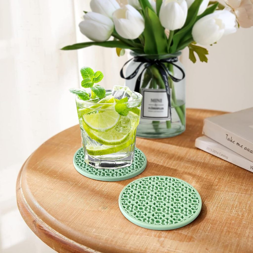 ที่รองแก้วซิลิโคนสําหรับดื่ม, ชุดเสื่อถ้วยสําหรับเครื่องดื่มร้อนและเย็นและสําหรับการป้องกันบนโต๊ะ, ที่รองแก้วบาร์ - รูปที่ 6