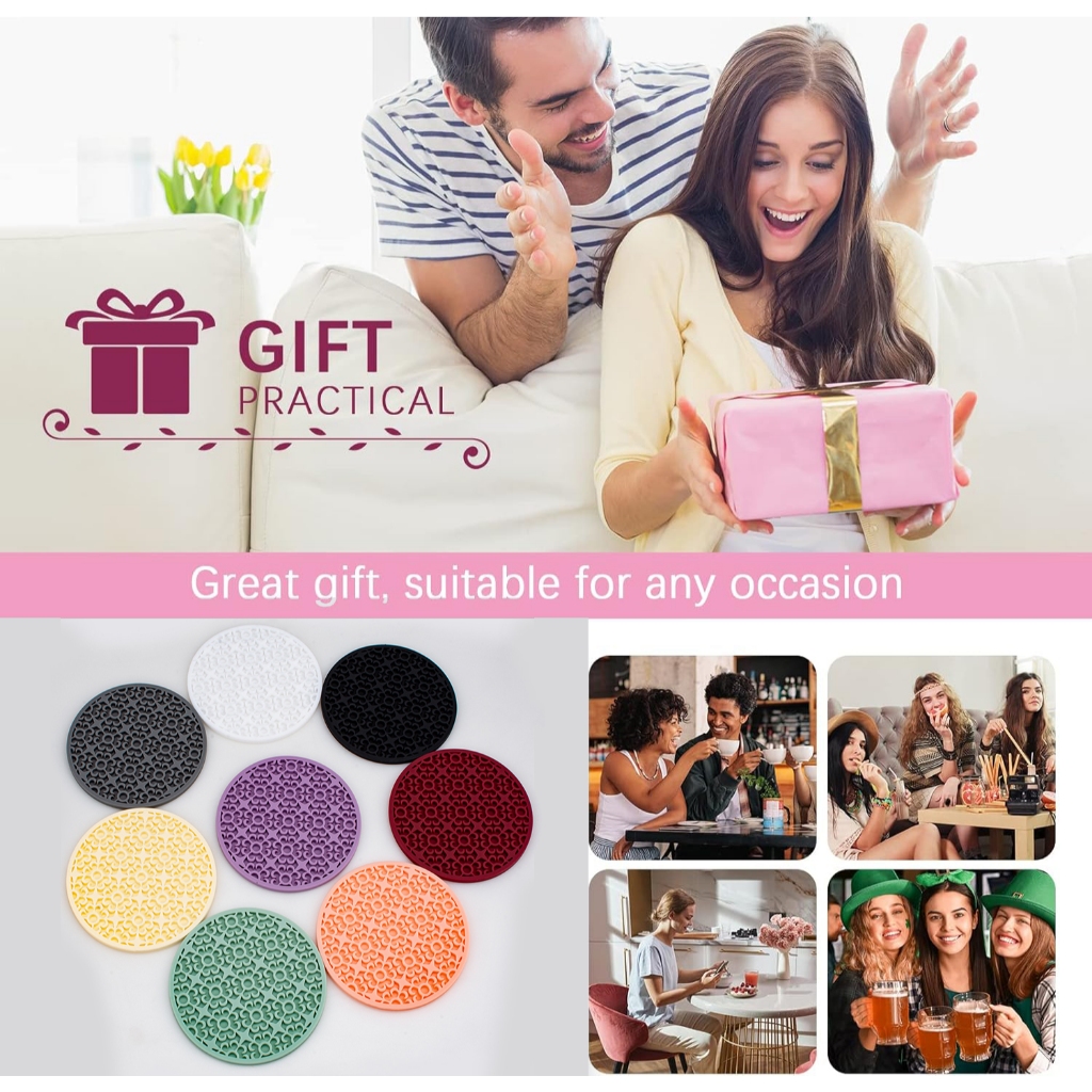 ที่รองแก้วซิลิโคนสําหรับดื่ม, ชุดเสื่อถ้วยสําหรับเครื่องดื่มร้อนและเย็นและสําหรับการป้องกันบนโต๊ะ, ที่รองแก้วบาร์ - รูปที่ 7